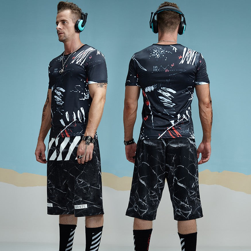 Abstract Splash Print Compression Shirt for Men - Moisture Wicking Workout Top for Running, Gym & Sports Performance