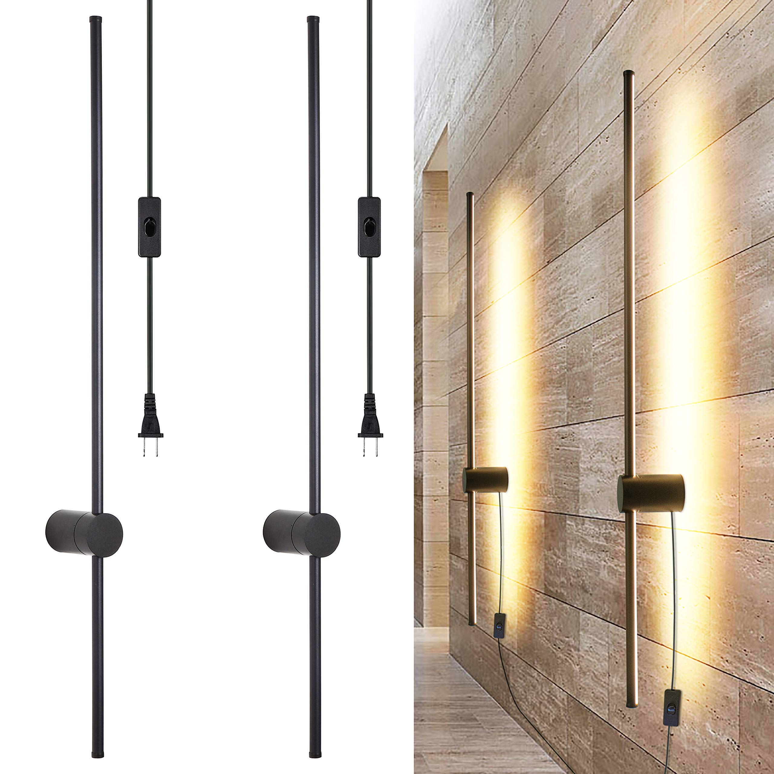Modern Plug-in Wall Sconce Set of 2 - Black LED Wall Lights with On/Off Switch & 39.4