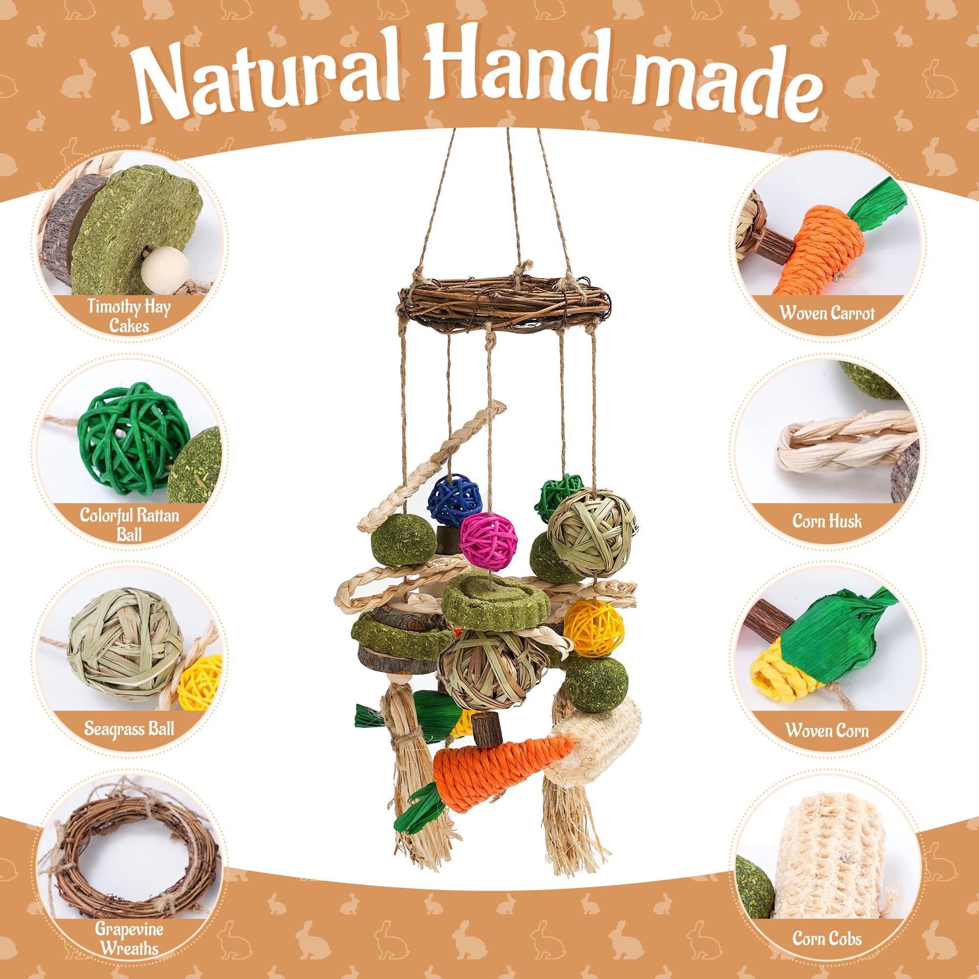 Natural Rattan Chew Toys for Rabbits, Guinea Pigs & Small Pets - Teeth Grinding Treats with Hanging Ring for Cage | Safe Bunny Chew Toys for Dental Health & Stress Relief - Perfect for Playtime & Cage Enrichment