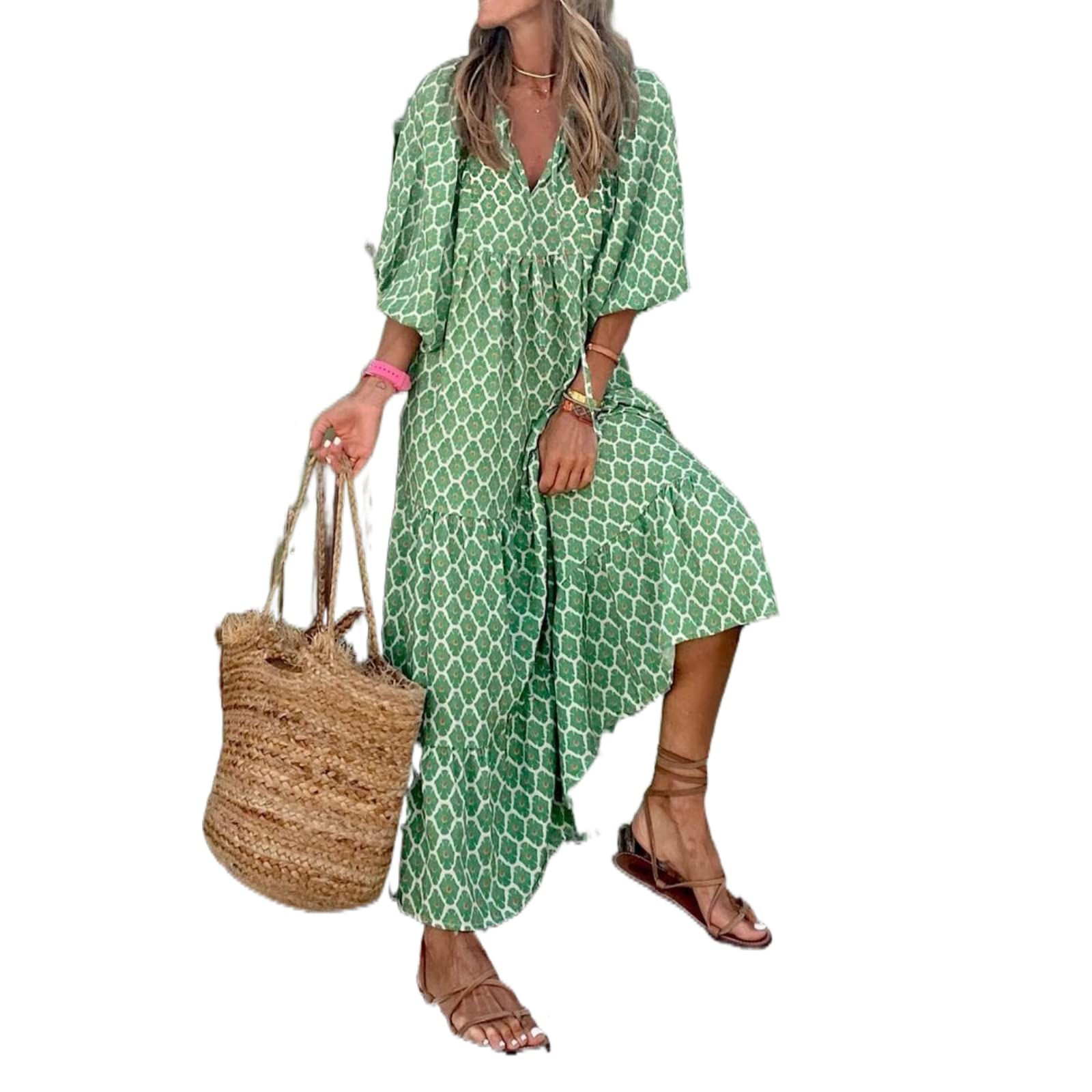 Women's Floral Boho Dress with Puff Sleeves - Long Flowy Maxi Dress for Beach, Summer & Casual Wear | Perfect for Vacations, Parties & Everyday Boho Style