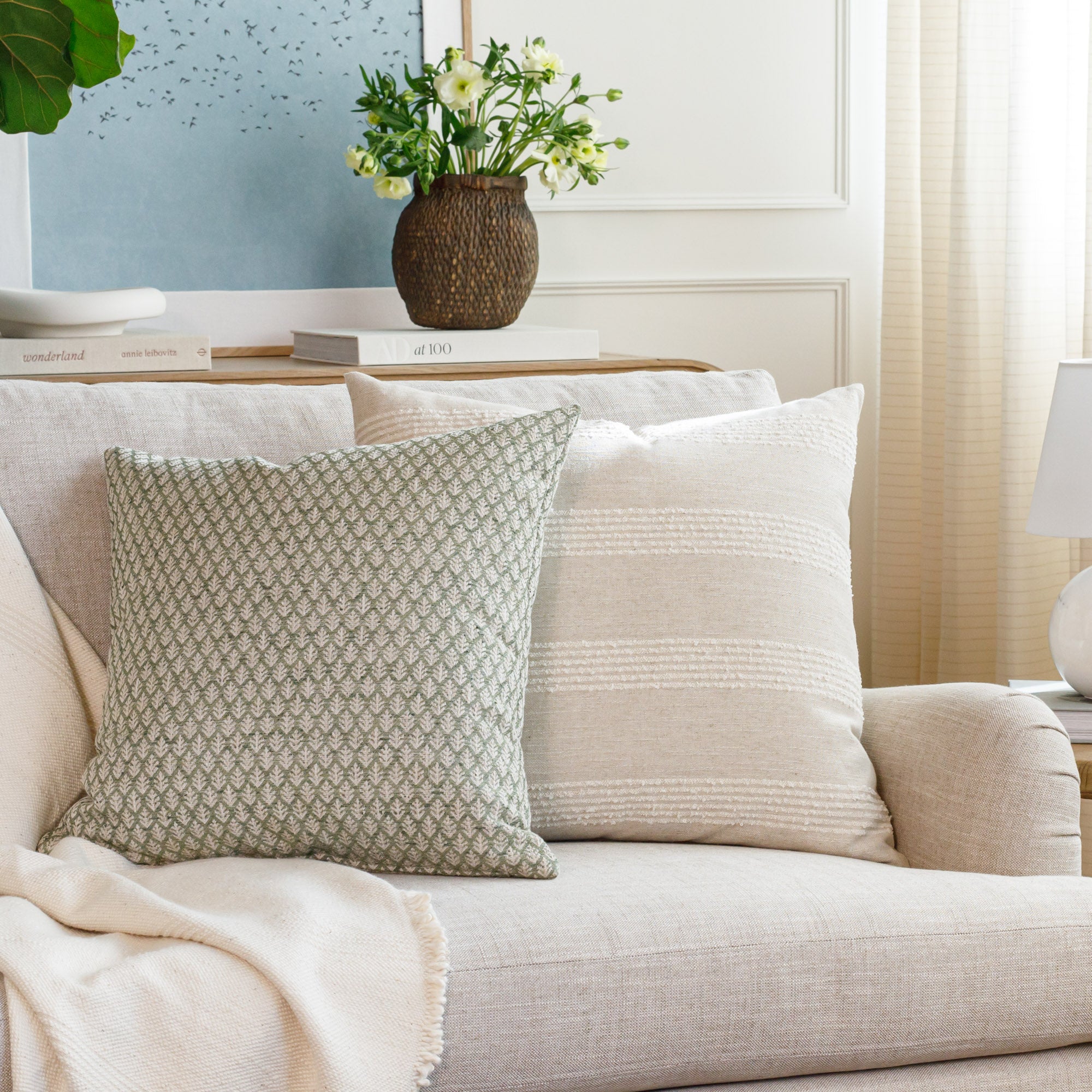 Finn Stripe 22x22 Decorative Throw Pillow Cover - Natural Linen Square Cushion for Sofa, Bed & Home Decor