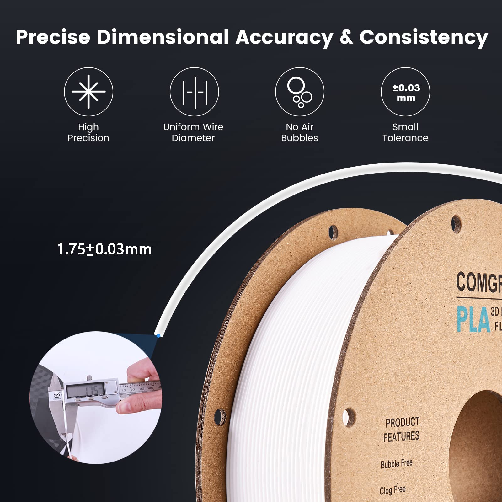 Comgrow PLA 3D Printer Filament 1.75mm - 2 Rolls 1KG Spool White (Dimensional Accuracy +/-0.02mm) - Perfect for 3D Printing, DIY Projects, Prototyping & Home Decor