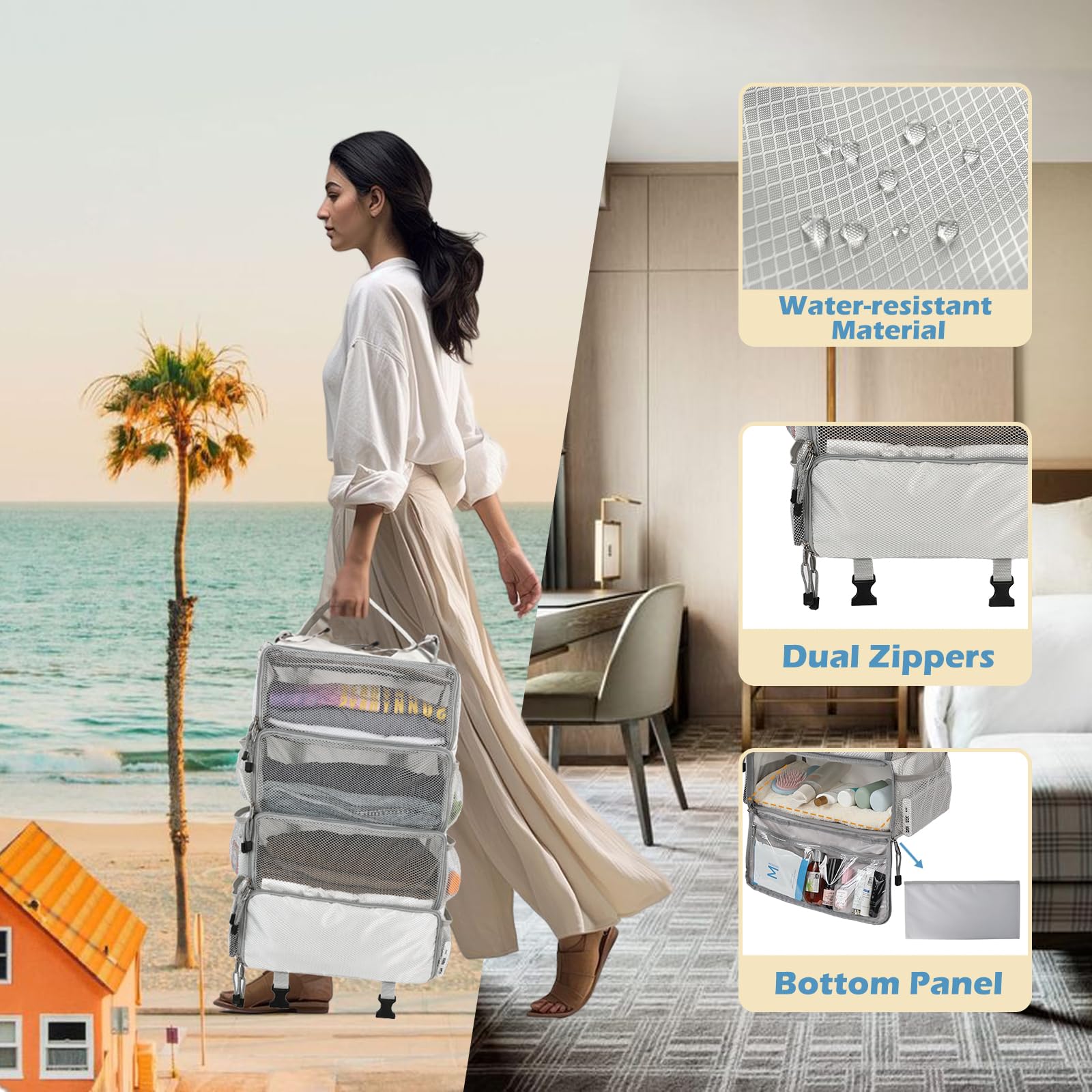 Surblue Travel Hanging Packing Cubes - 4 Shelf Closet Organizer with 2 Hooks, Portable Compression Luggage Storage for Clothes (Medium, Light Grey) | Perfect for Suitcase Organization, Business Trips & Vacation Packing