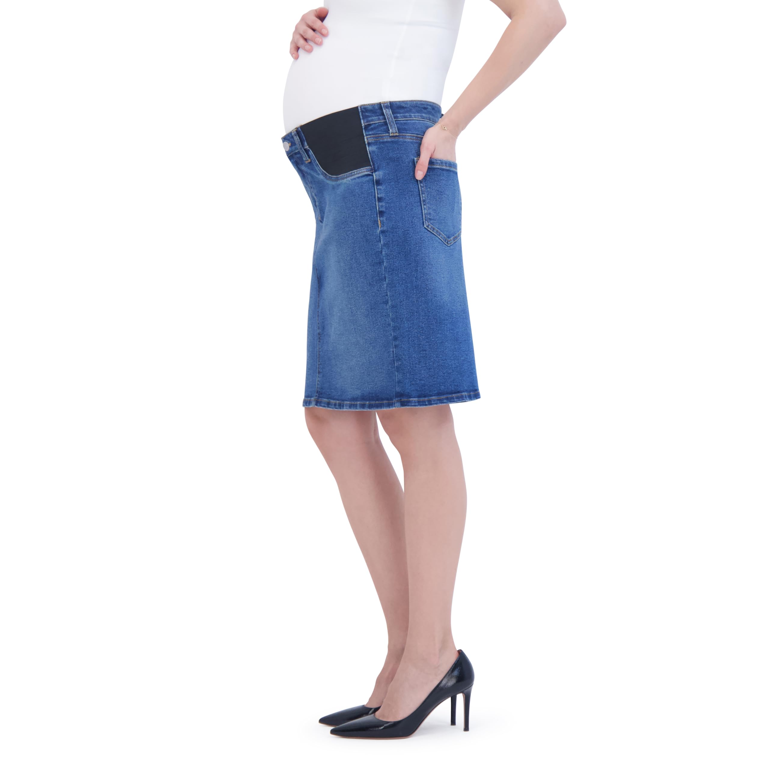 Stylish Savi Parker Denim Maternity Pencil Skirt with Pockets - Comfortable Stretch Maternity Jean Skirt for Pregnancy & Nursing - Perfect for Work, Date Night & Casual Outings