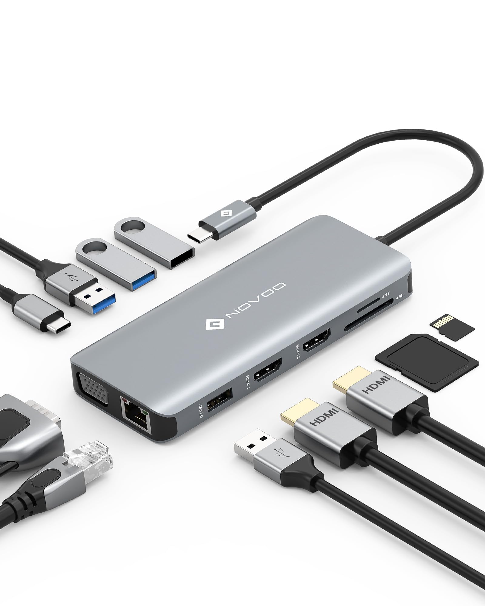 NOVOO 11-in-1 USB C Docking Station with Dual HDMI, 4 USB Ports, 100W PD, Gigabit Ethernet, SD/TF Card Reader - Universal Laptop Dock for MacBook Air/Pro, HP, Dell XPS - Perfect for Home Office, Gaming & Multi-Monitor Setup