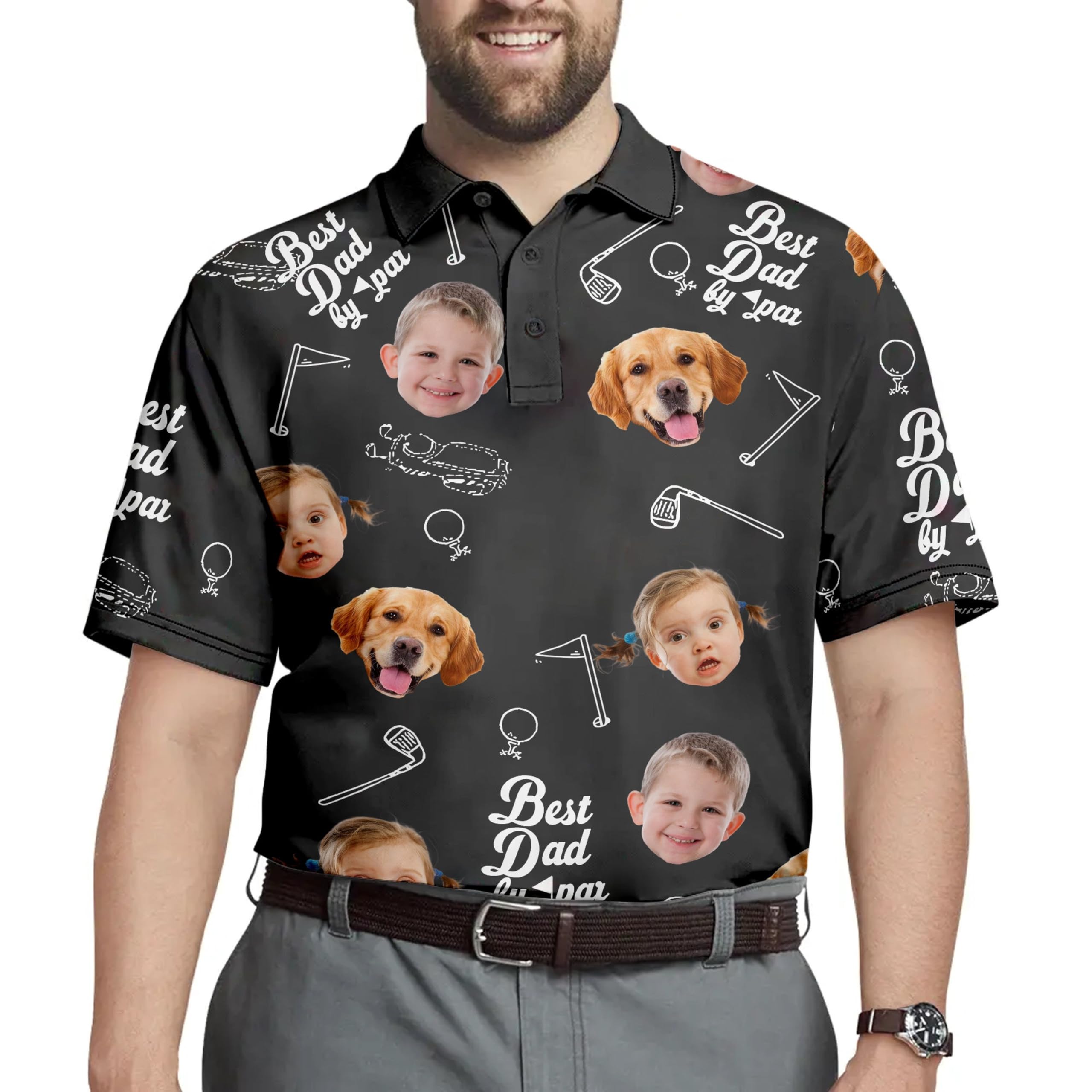 Custom Dad Polo Shirt with Kids Face Print - Personalized Father's Day Gift for Golf, BBQ & Family Outings - Breathable Men's Casual Shirt