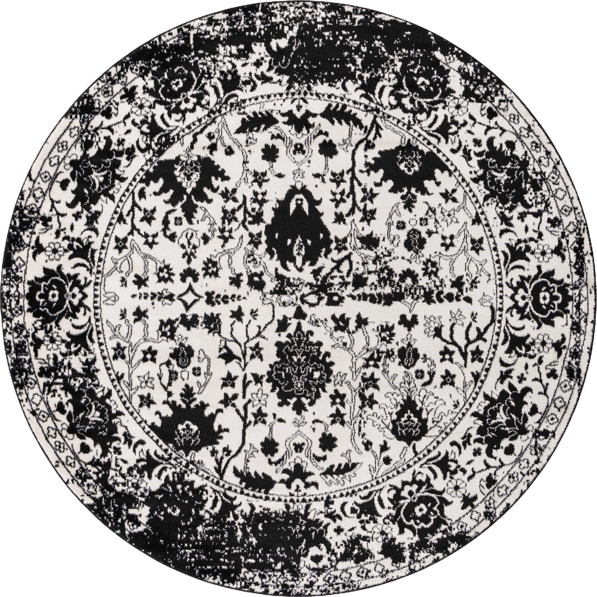 Oregon Collection 7 Ft Round Black and White Low-Pile Area Rug - Soft Kitchen & Dining Room Carpet for Modern Home Decor | Non-Slip & Easy to Clean