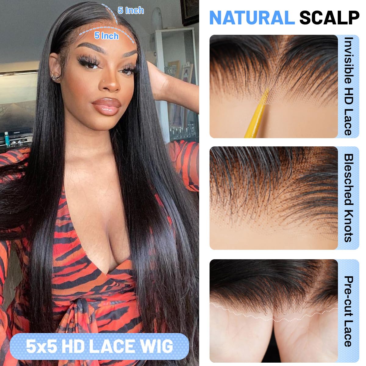 5x5 HD Lace Closure Wigs Human Hair Straight - Glueless Wear and Go Pre Plucked Pre Cut with Baby Hair | Natural Black 30 Inch 200% Density | Perfect for Beginners, Daily Wear & Special Occasions