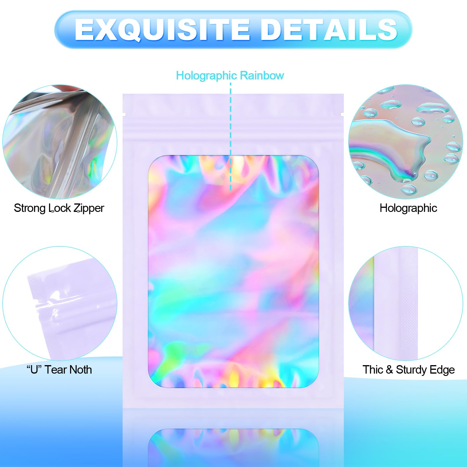 100-Pack Smell Proof Mylar Bags - Airtight Resealable Holographic Pouch with Clear Window for Food Storage, Eyelash Extensions, Jewelry & Electronics (5.5