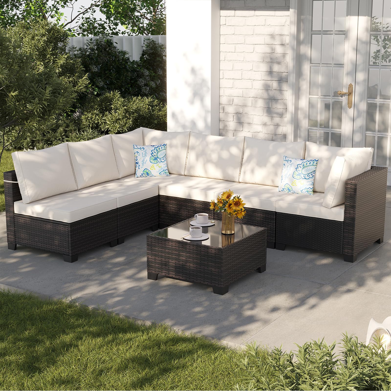 7-Piece Outdoor Wicker Sectional Sofa Set with Cushions - Patio Conversation Furniture for Garden, Backyard & Poolside - Brown/Beige Rattan Sofa for Relaxing & Entertaining