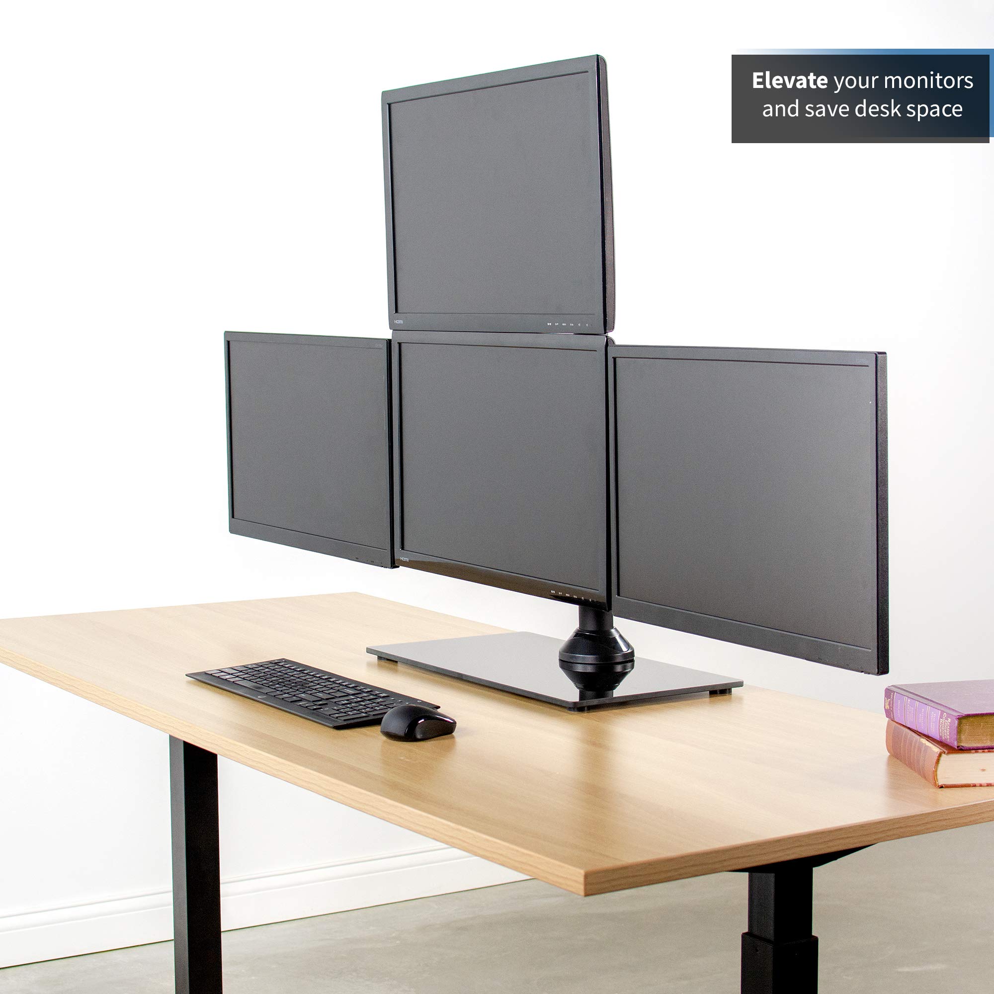 VIVO Black Steel Quad Monitor Stand for 4 Screens up to 24 inches - Heavy Duty Adjustable Free Standing LCD/LED Computer Display Mount STAND-V004TG - Perfect for Home Office, Gaming Setup & Multi-Tasking Workspace