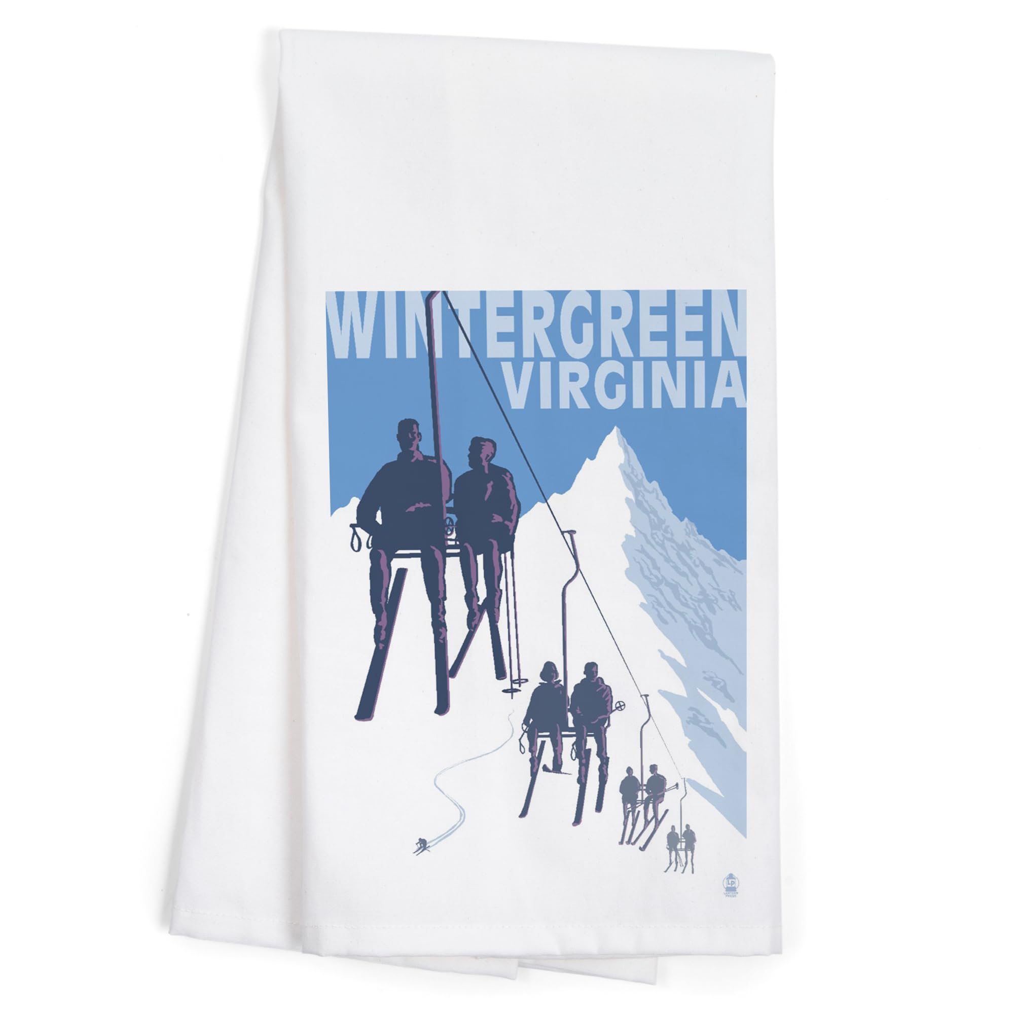 Wintergreen Virginia Skiers on Lift - 100% Cotton Tea Towel, Decorative Hand Towel for Kitchen & Home - Perfect for Dish Drying, Gift Giving & Cabin Decor