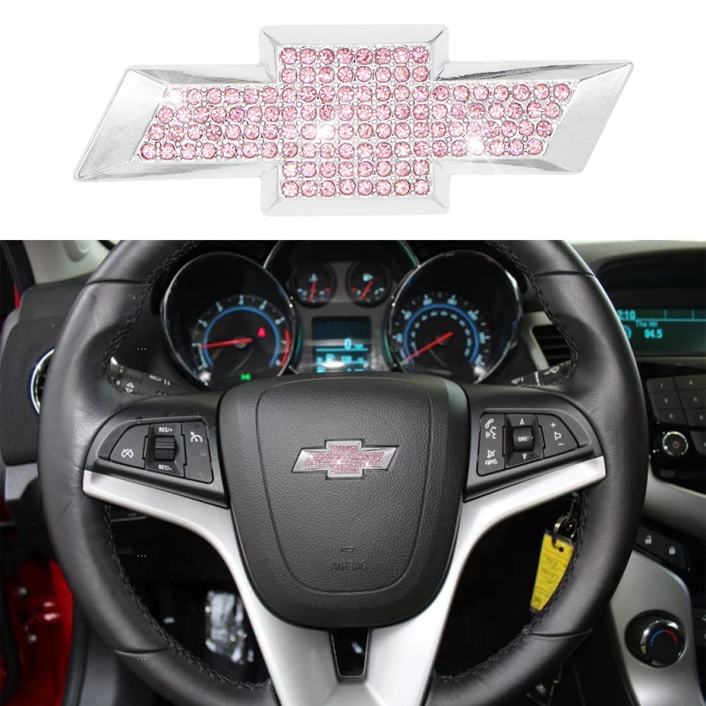 Pink Rhinestone Steering Wheel Bowtie Emblem - Decorative Car Sticker for Chevy Malibu, Equinox, Trax, Tahoe, Cruze, Volt, Blazer, Silverado, Suburban, Bolt, Spark, Sonic, Impala - Perfect for Customizing & Personalizing Your Vehicle Interior