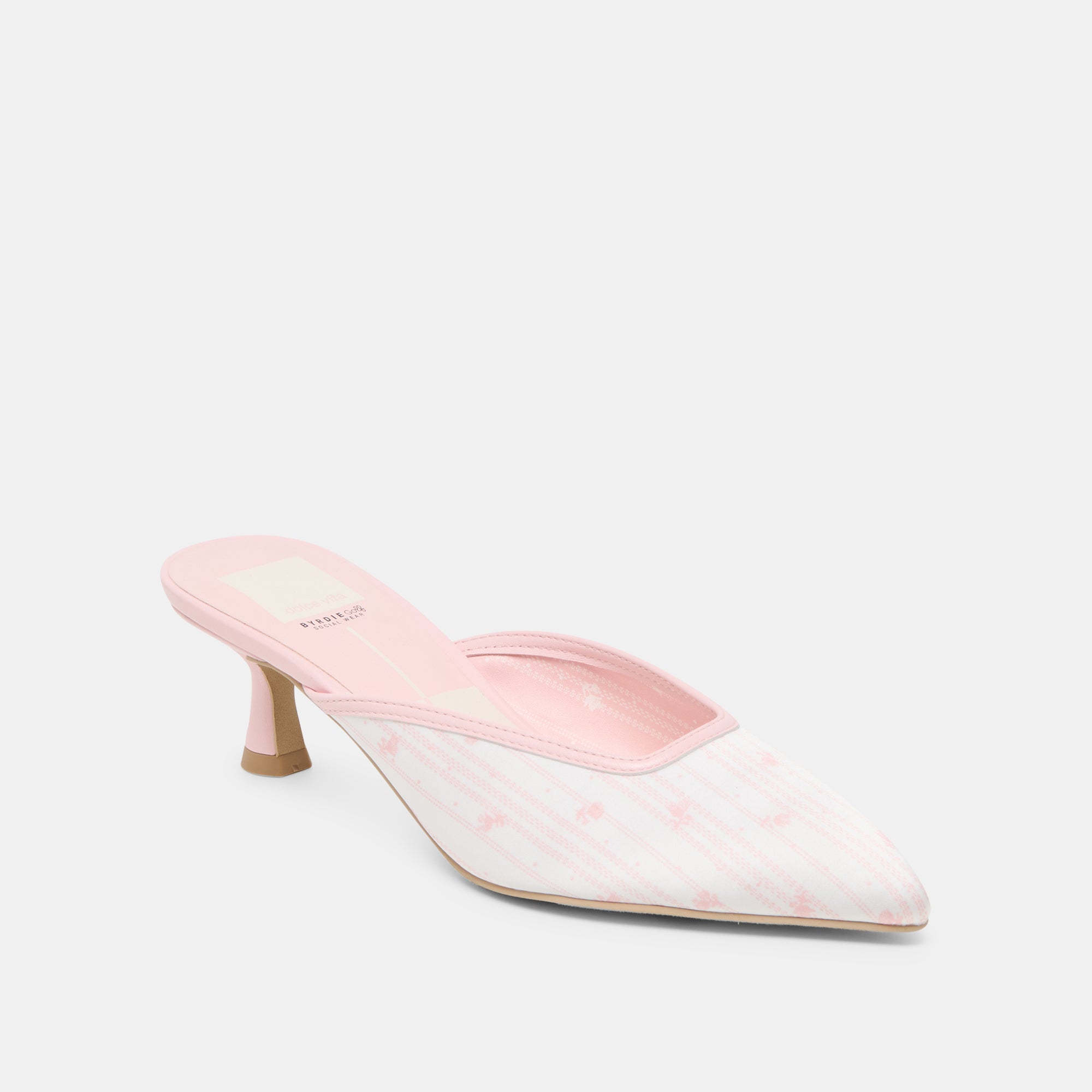 Cleo x Byrdie Golf Wide Heels - Pink Floral Satin Women's Dress Shoes for Weddings, Parties & Special Occasions
