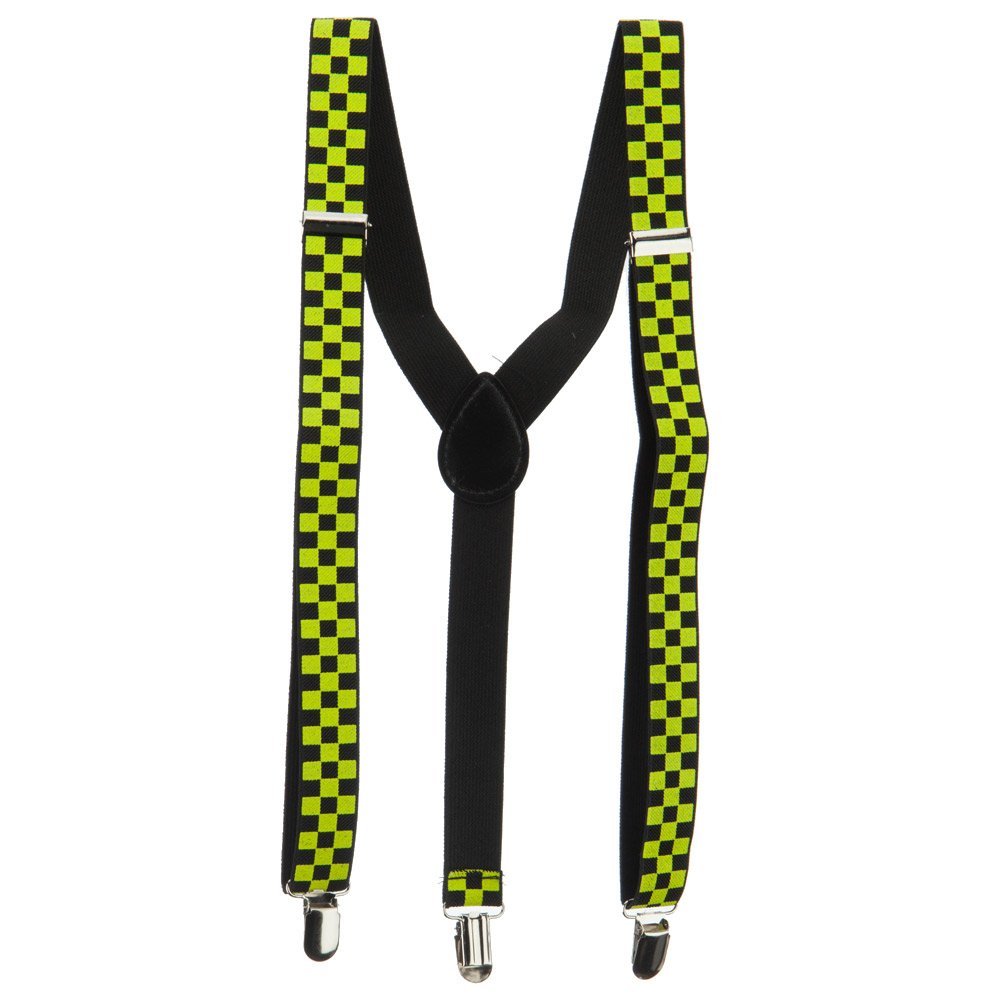 Three Block Checker Suspenders - Neon Yellow Adjustable Elastic Braces for Men & Women | Perfect for Cosplay, Vintage Outfits & Workwear