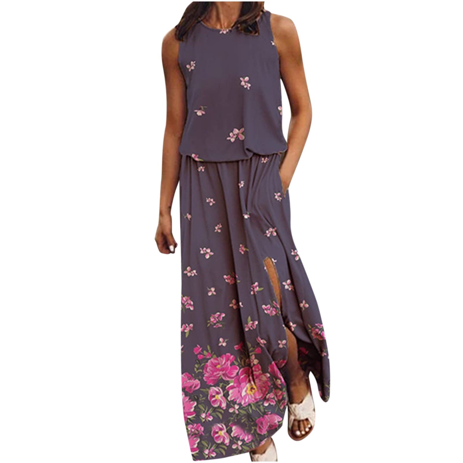 Women's Maxi Dress - Sexy Sleeveless Printed Patchwork Loose Round Neck Long Dress for Summer, Beach, Party & Casual Wear