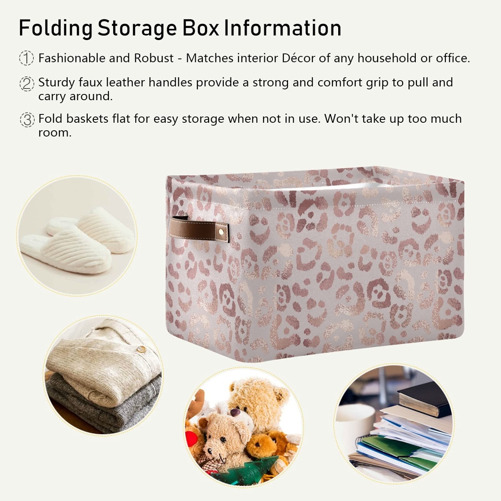 Golden Leopard Print Storage Basket Bin - Large Collapsible Canvas Cube Storage Box Organizer for Home, Office, Closet (2 Pack, 15