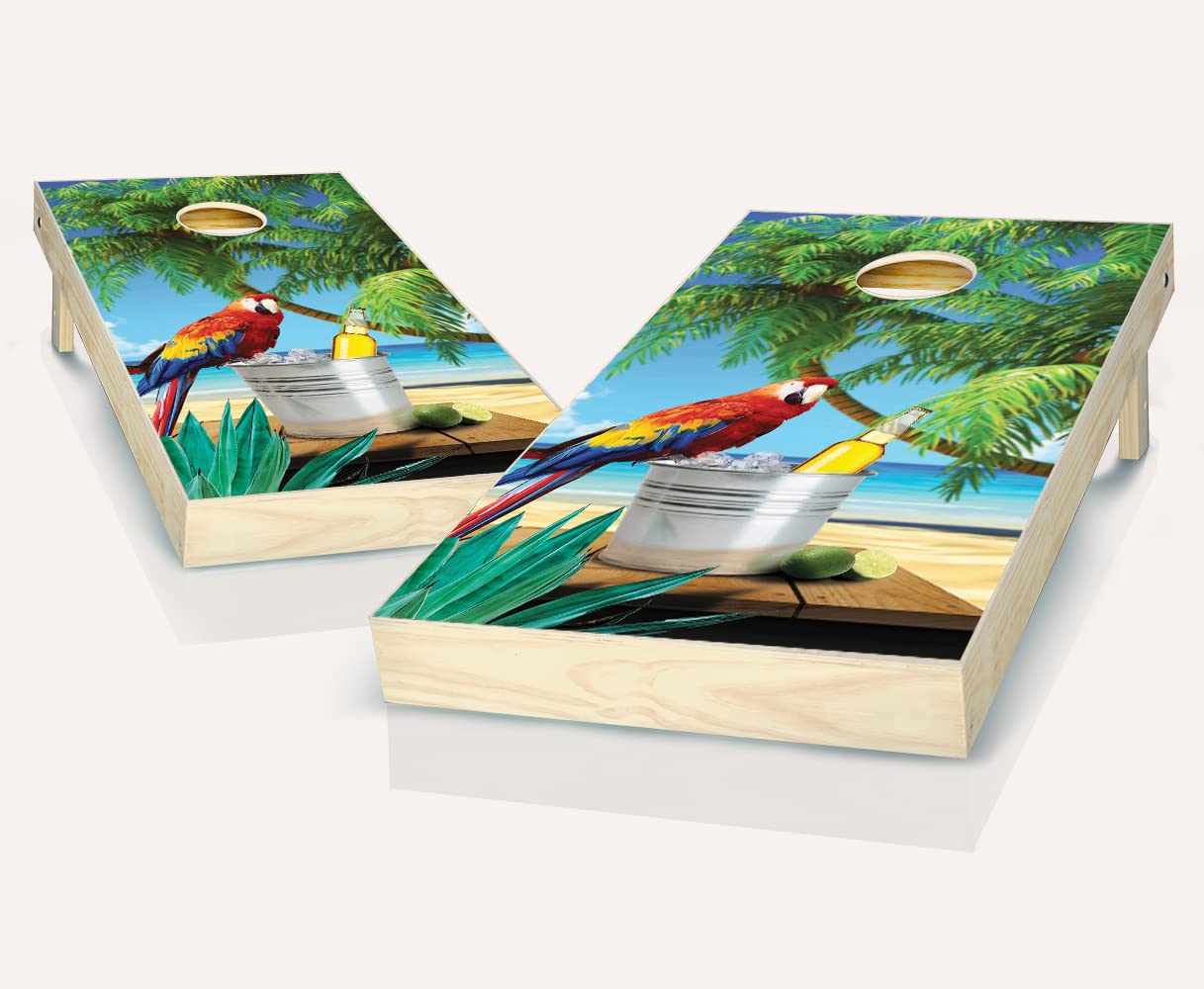 Skip's Garage Parrot Cornhole Boards Set - 2 Boards & 8 Bags with Custom Accessories - Premium Outdoor Lawn Game for Backyard Parties, Tailgating, and Beach Fun