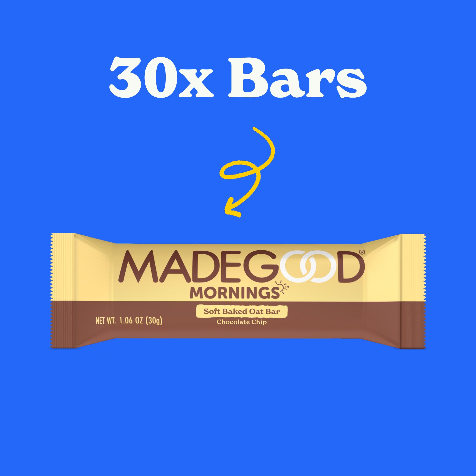 MadeGood Mornings Soft Baked Breakfast Bars, Chocolate Chip, 1.06 Oz (30 Count) - Gluten Free, Vegan, School Safe Snacks for Kids & Adults - Perfect for On-the-Go Breakfast, Lunchboxes & Healthy Snacking
