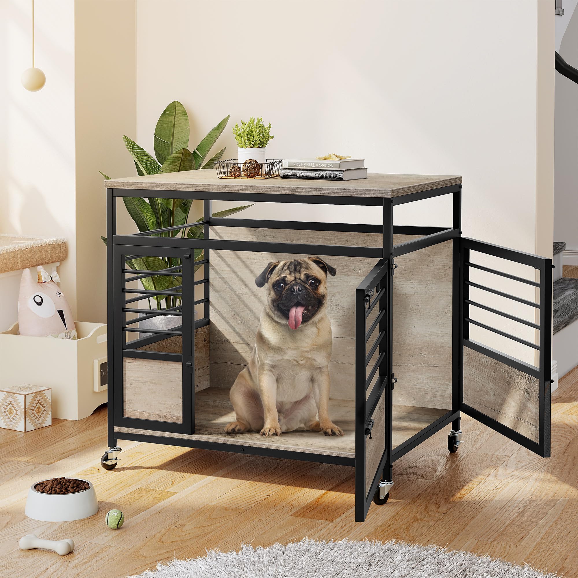 32 Inch DWVO Dog Crate Furniture - Modern Wooden Indoor Dog Kennel with Wheels, Chew-Resistant End Table in Greige | Perfect for Living Room, Bedroom & Pet-Friendly Home Decor