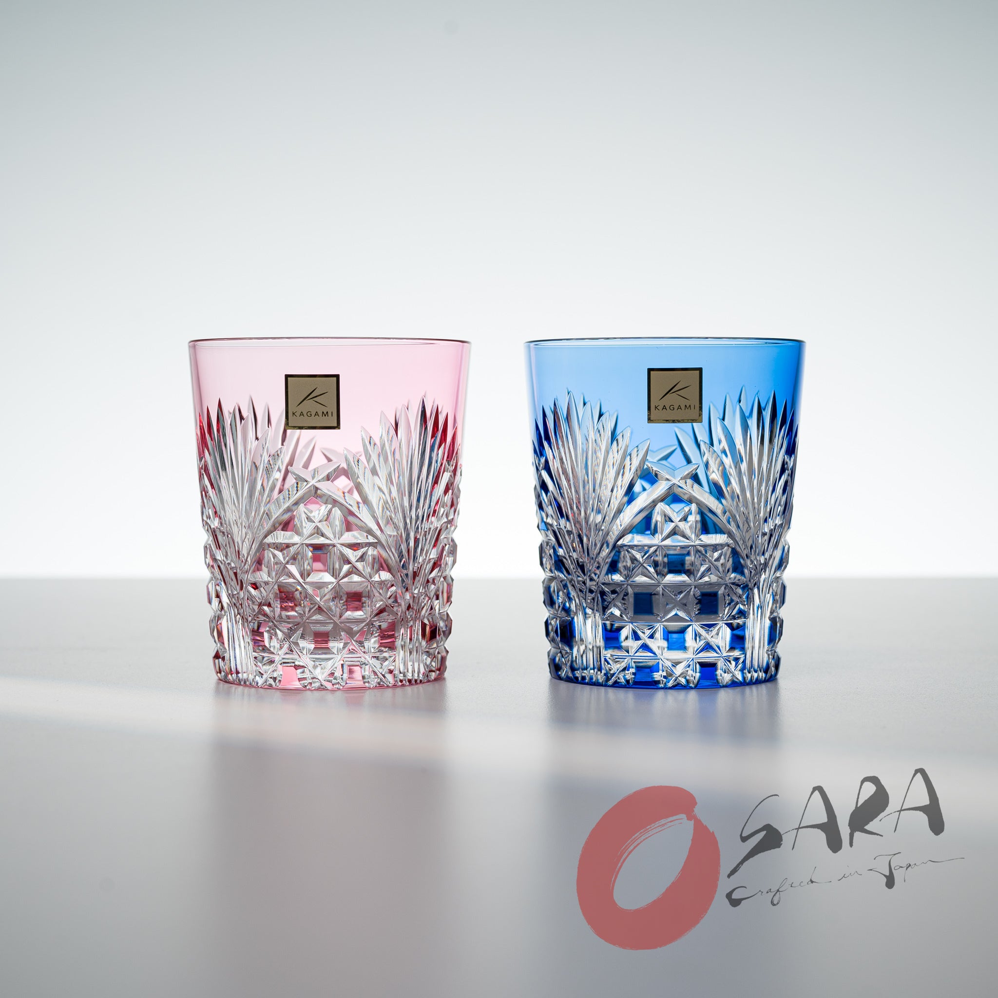 KAGAMI Crystal Edo Kiriko Pair Whiskey Glasses Set - 240ml Handcrafted Japanese Cut Glass with Bamboo Leaf Design - Perfect for Whiskey Tasting, Home Bar Decor & Luxury Gift Giving