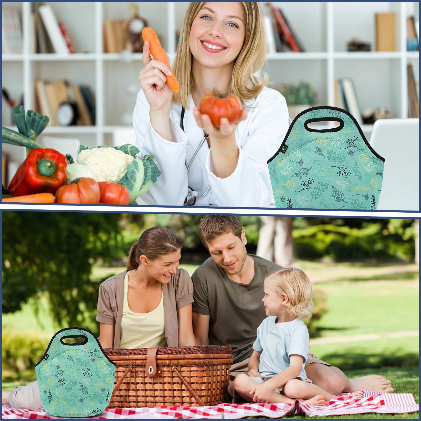 LOVAC Neoprene Lunch Bag - Thick Insulated & Waterproof Lunch Tote with Zipper for Work, School, Picnics & Outdoor Travel | Durable & Leakproof Food Container for Office, Hiking & Camping (Leaf Green)