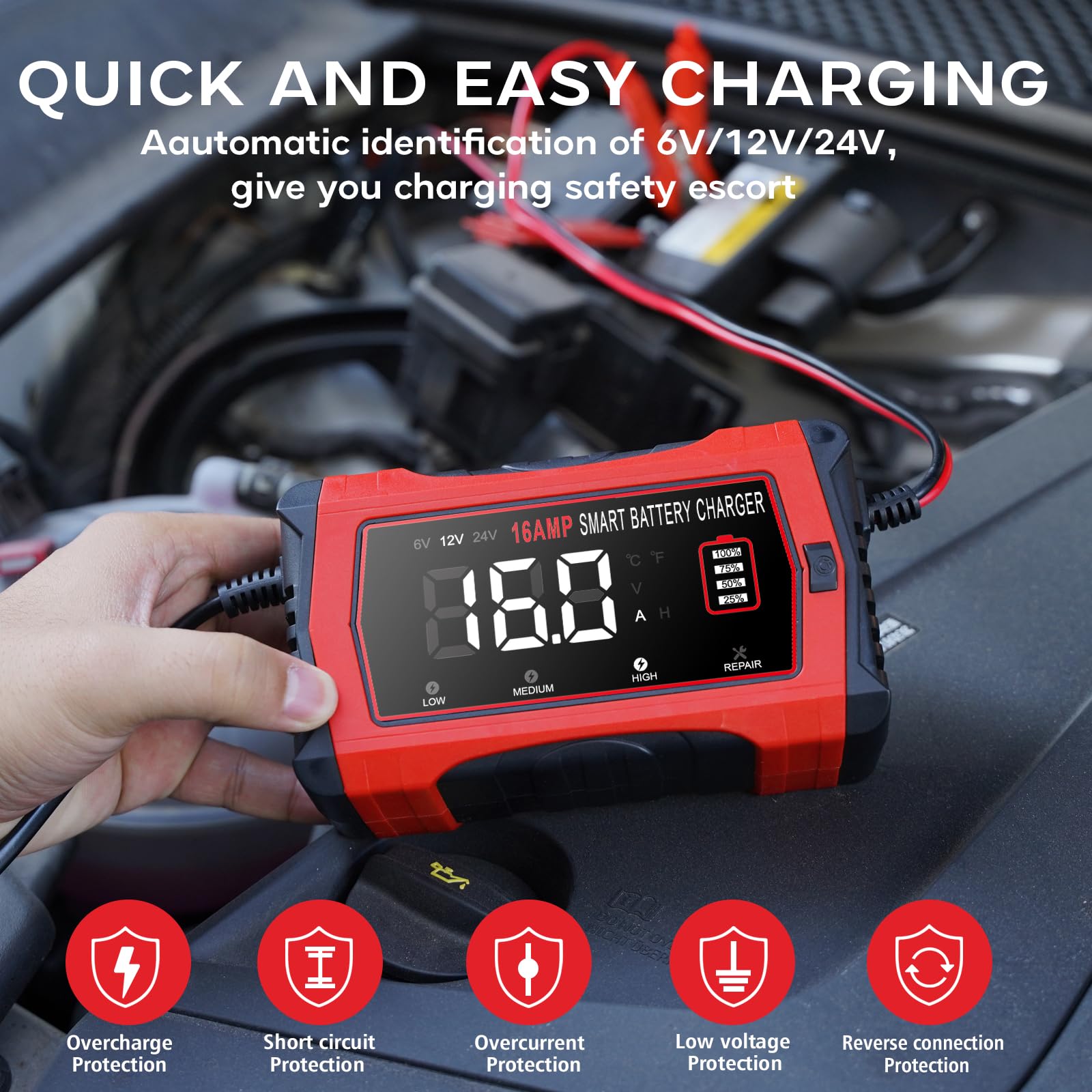 16-Amp Smart Battery Charger for 6V/12V/24V Automotive Batteries - Universal Car, SUV, Motorcycle & Boat Charger with Trickle Charge Mode - Compatible with Lead-Acid, Lithium & LiFePO4 Batteries - Perfect for Winter Storage, Long-Term Maintenance & Emergency Charging