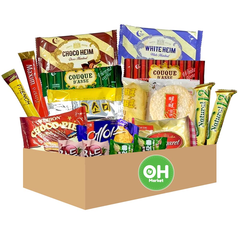 OHMARKET Korean Asian Snack Box - 18 Count Variety Pack with Chips, Pie, Cracker & Candy | Top Brand Individually Wrapped Snacks | Perfect for Office Treats, Party Favors & Gift Baskets