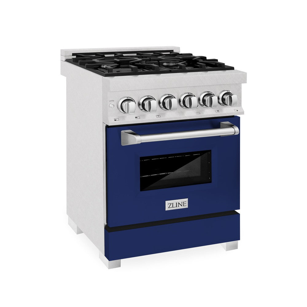 ZLINE 24 Inch 2.8 Cu. Ft. Dual Fuel Range - 4 Burner Gas Cooktop & Electric Convection Oven in Satin Stainless Steel with Blue Gloss Door (RAS BG 24) | Perfect for Modern Kitchens, Home Chefs & Entertaining