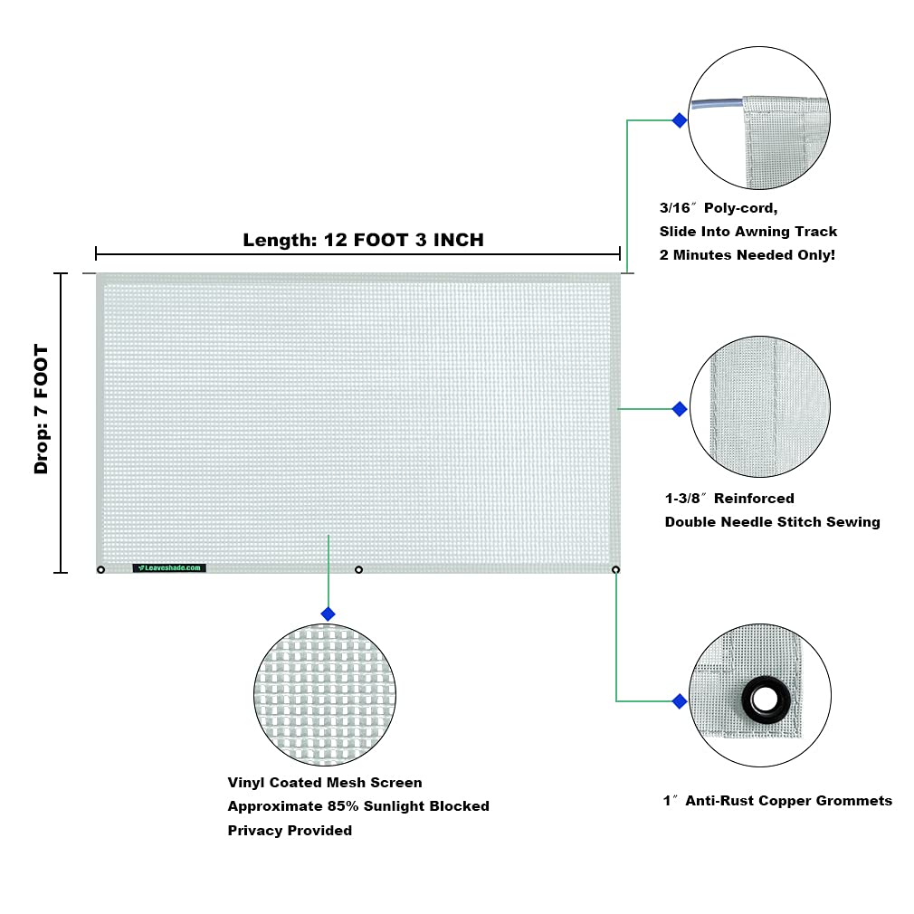 Leaveshade RV Awning Sunshade Screen 7' X 12' 3'' - UV Blocking Mesh Sun Shade for 13' RV Awnings, Motorhomes & Camping Trailers - Patio Canopy with 3 Year Warranty (Gray) - Perfect for Outdoor Camping, Picnics & RV Park Shade
