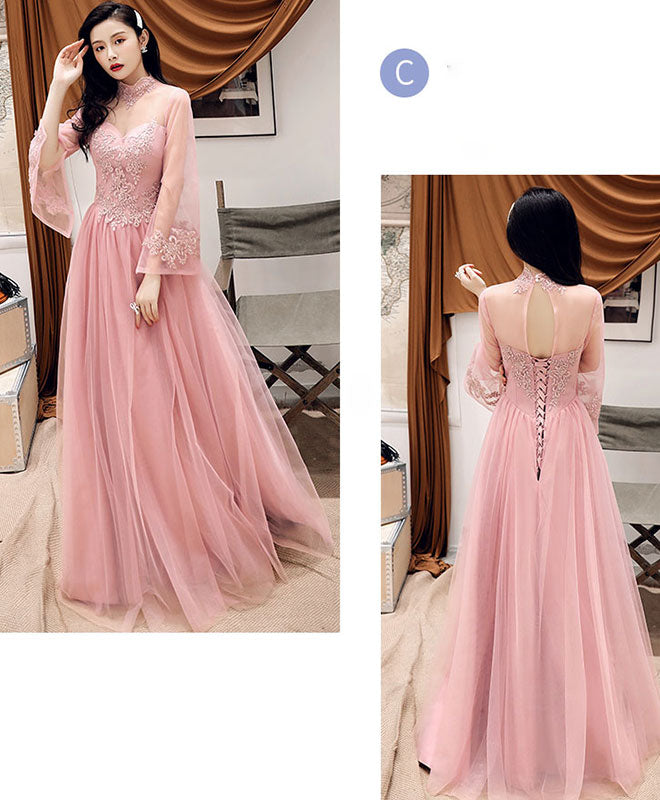 Elegant Pink Tulle Lace Long Prom Dress & Bridesmaid Gown - Perfect for Formal Dances, Weddings & Special Occasions