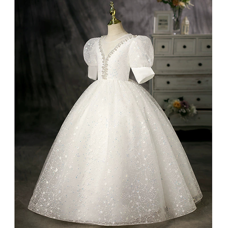 Princess Round Floor Length White Flower Girl Dress for Weddings, Baptisms, and Special Occasions