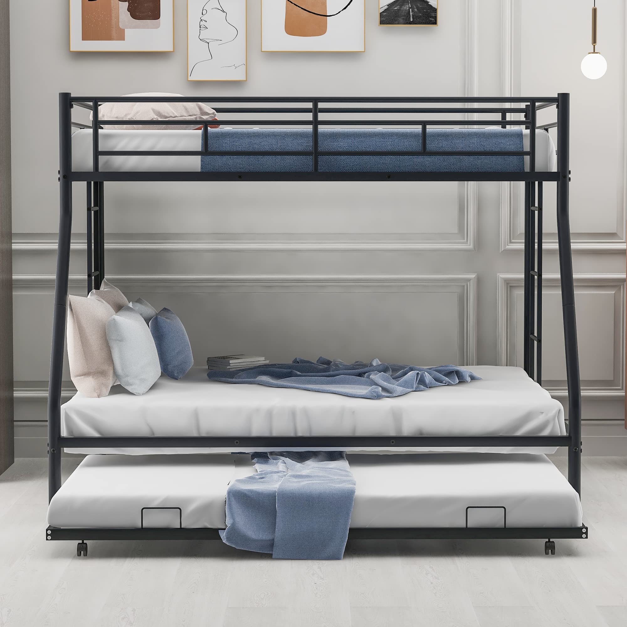 Twin Over Full Metal Bunk Bed with Trundle - Sturdy Bunk Beds for Kids, Teens & Adults - No Box Spring Required - Perfect for Small Rooms, Guest Rooms & Vacation Homes