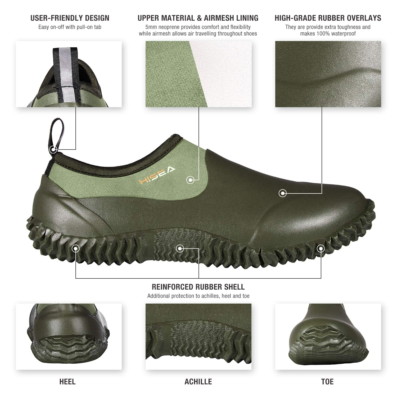 HISEA Unisex Waterproof Garden Shoes - Slip-On Rubber Neoprene Rain Boots for Men & Women | Outdoor Waterproof Footwear for Gardening, Farming, Camping, Hiking, Car Washing & Yard Work | Comfortable & Durable for All-Weather Use