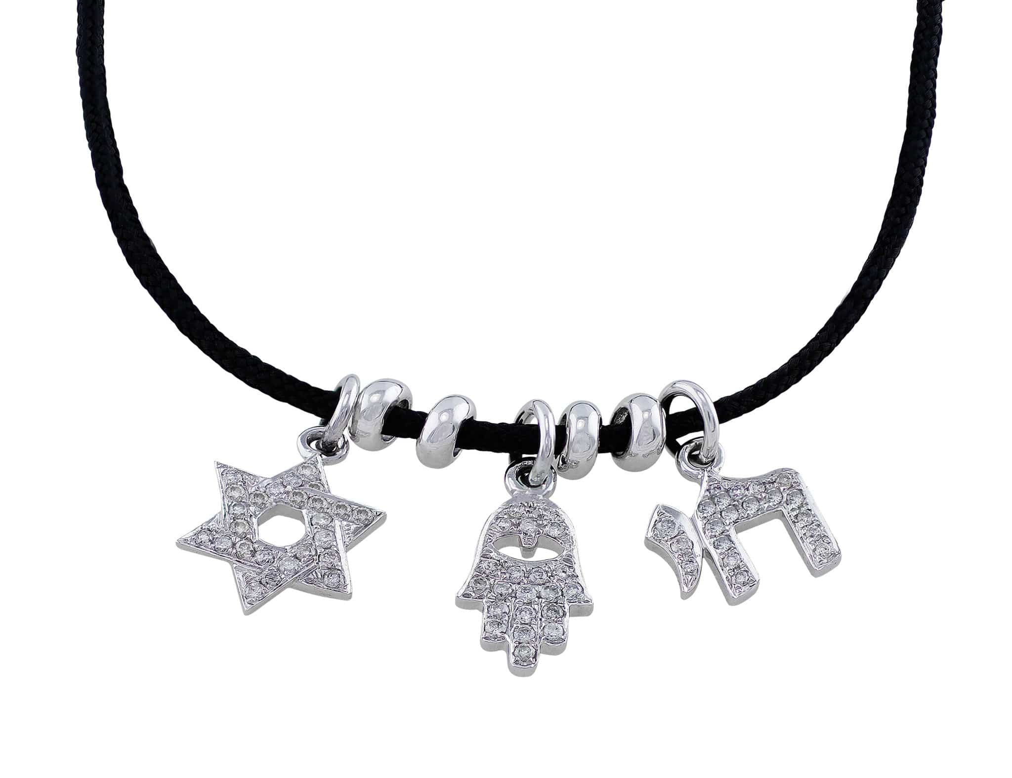 18K White Gold Jewish Diamond Cord Charm Bracelet - Elegant Gift for Hanukkah, Bar Mitzvah & Special Occasions