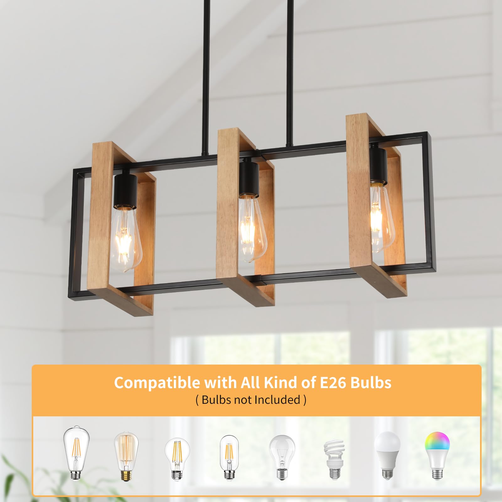 Farmhouse Kitchen Island Pendant Lights - Adjustable 3-Light Black Wood Hanging Fixtures for Modern and Rustic Kitchen Decor