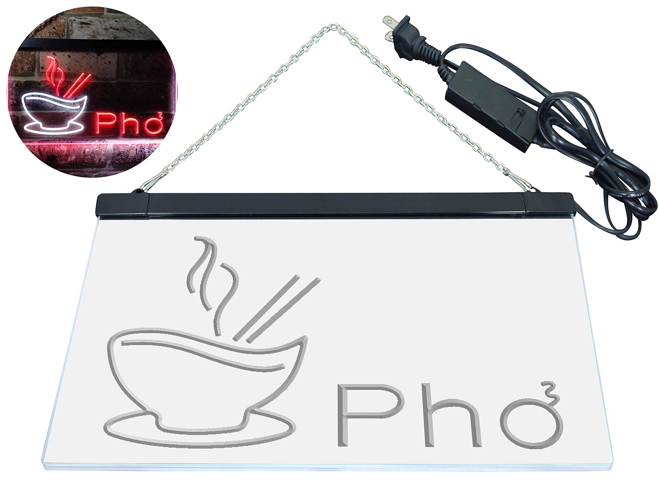 Pho Vietnamese Noodles Restaurant Dual Color LED Neon Sign - White & Red 24x16 Inches - Vintage Cafe Decor for Home, Bar & Business Lighting