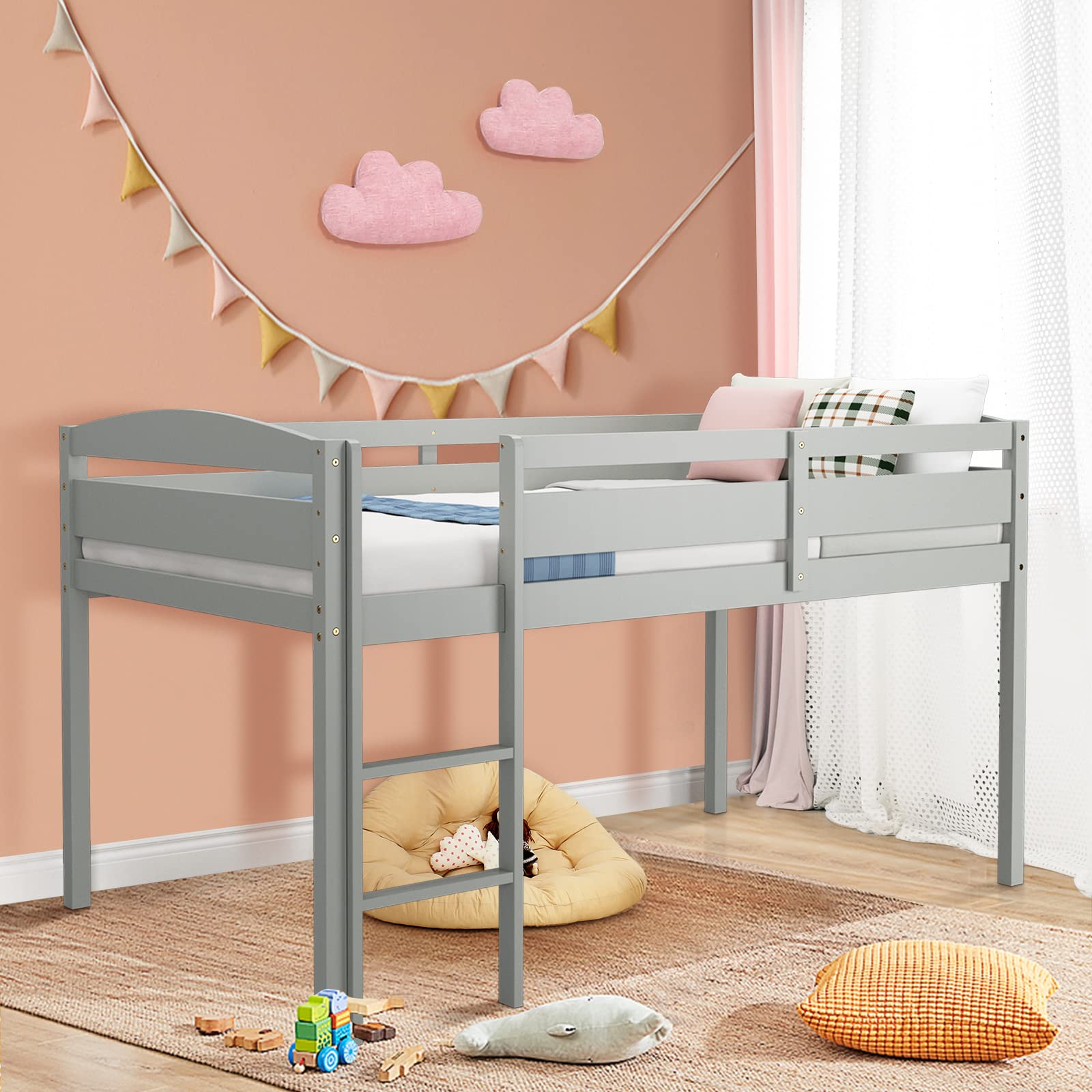 KOTEK Solid Wood Twin Loft Bed Frame with Ladder & Safety Guardrails - No Box Spring Needed, Easy Assembly - Grey Kids Loft Bed for Bedroom, Guest Room or Small Space - Perfect for Sleepovers, College Dorms & Space-Saving Kids' Rooms