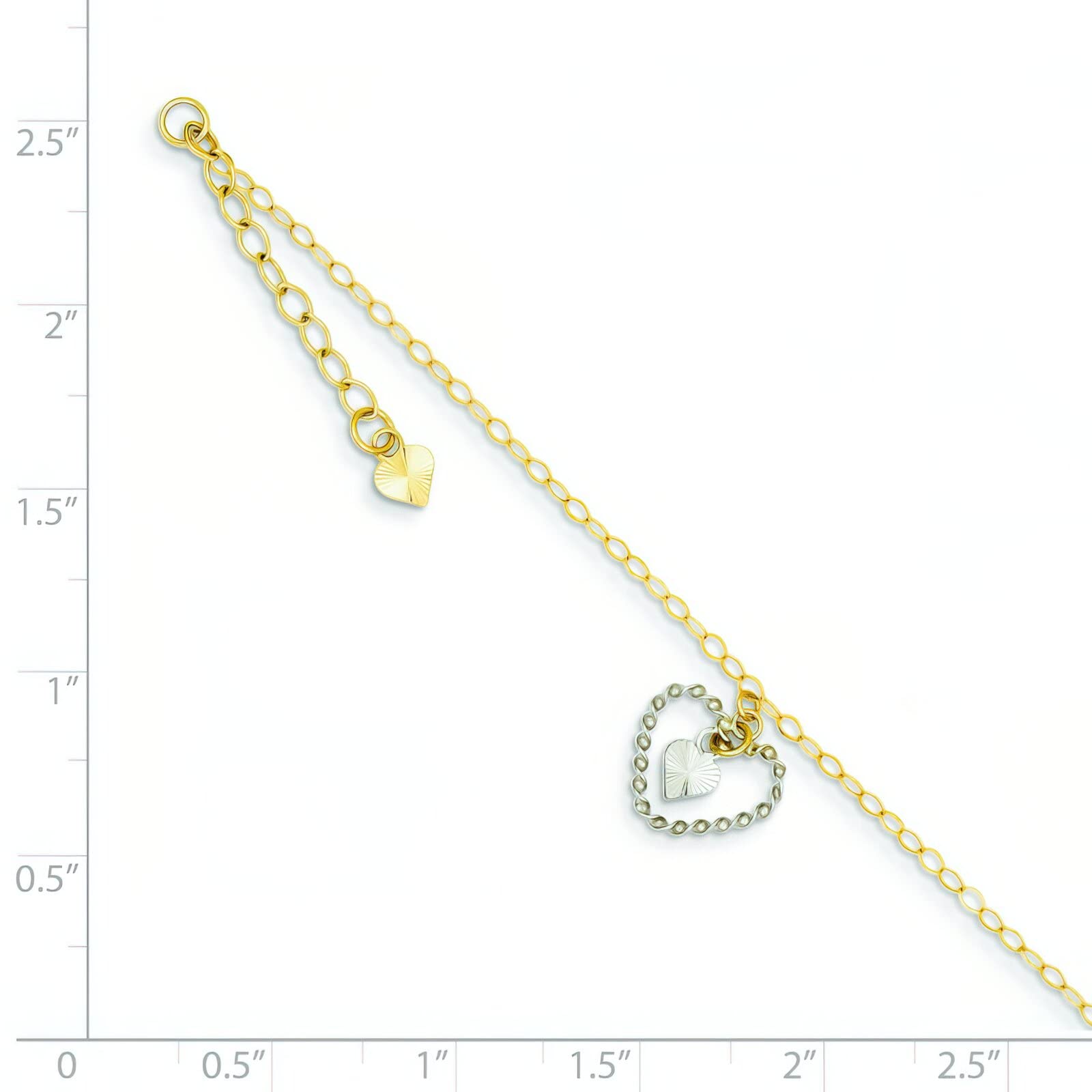 14K Gold Two-Tone Twisted & Diamond Cut Heart Anklet Bracelet - 9