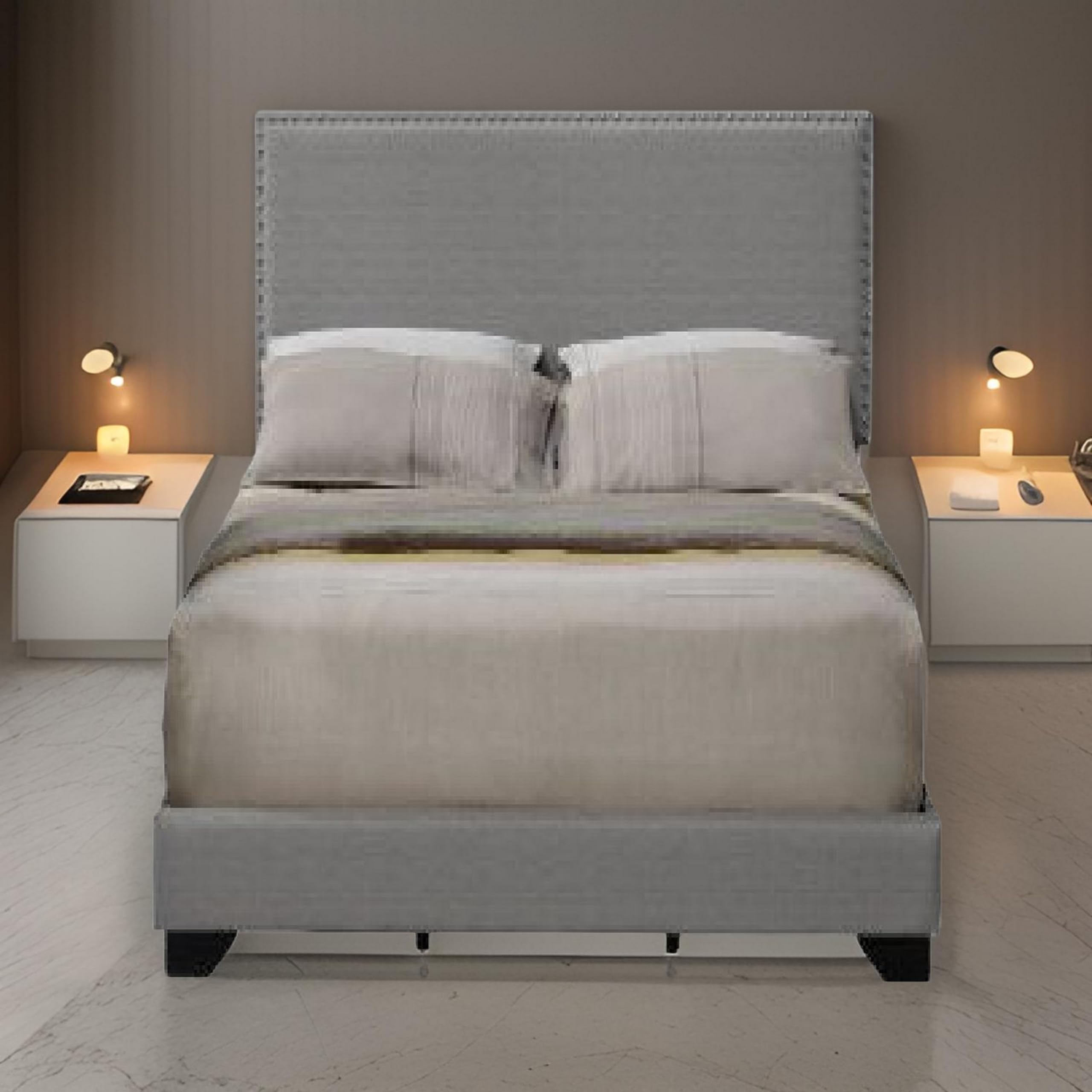 Benjara Queen Size Upholstered Bed with Fabric Headboard and Nailhead Trim in Gray - Elegant Bedroom Furniture for Master Suite or Guest Room