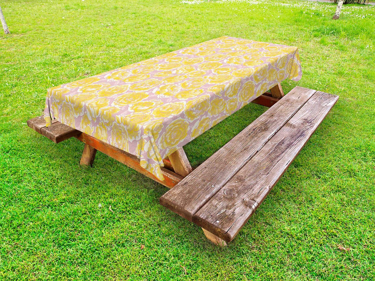 Ambesonne Floral Outdoor Tablecloth - Hand-Painted Yellow Roses Spring Design, Washable Picnic Table Cover 58x120 Inches - Perfect for Garden Parties, Outdoor Dining & Picnics