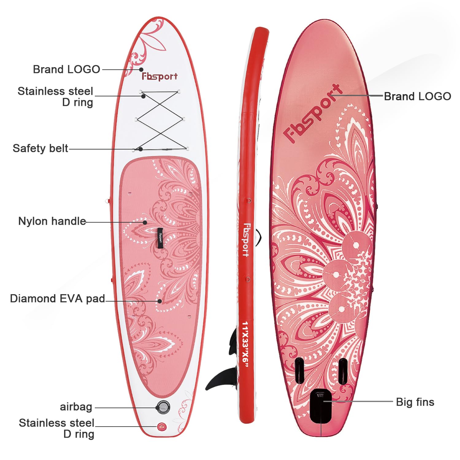 FBSPORT 11' Premium Stand Up Paddle Board for Yoga & Surfing | Wide Stance, Non-Slip Deck, SUP Accessories Included (Paddle, Leash, Pump, Carry Bag) | Perfect for Adults & Youth in Lakes, Oceans & Rivers