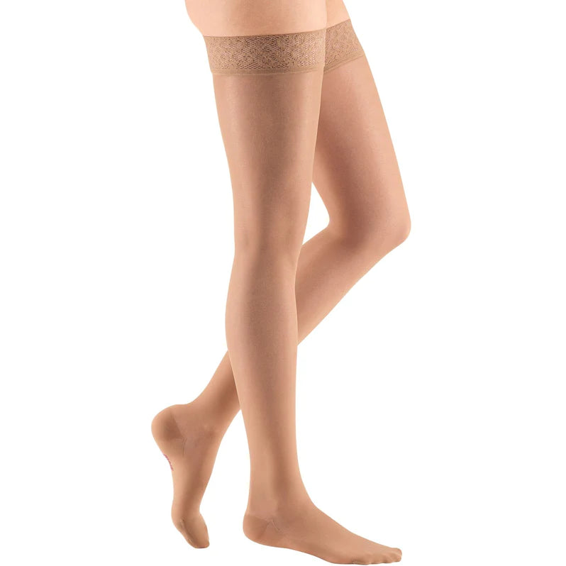 Medi Sheer & Soft 8-15mmHg Compression Stockings - Closed Toe Thigh High with Lace & Silicone Top Band - Perfect for Varicose Veins, Travel & Pregnancy Support