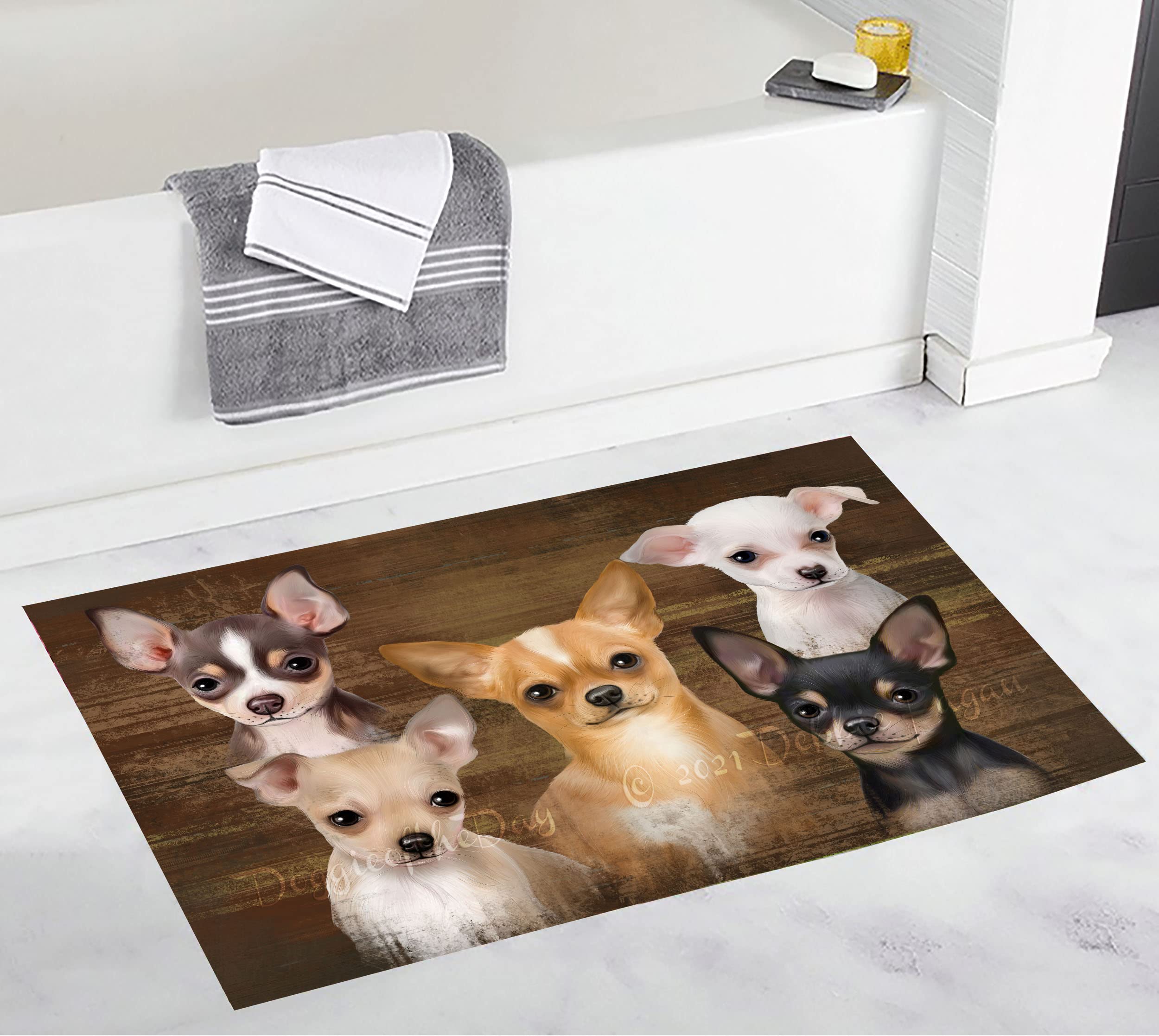 Rustic Chihuahua Dog Bath Mat - Non-Slip Pet Bathroom Rug, Soft Absorbent Plush Dog Portrait Mat for Bathroom & Kitchen - Washable Premium Quality 16x28 Inch - Perfect for Pets, Bathroom Decor & Home Use