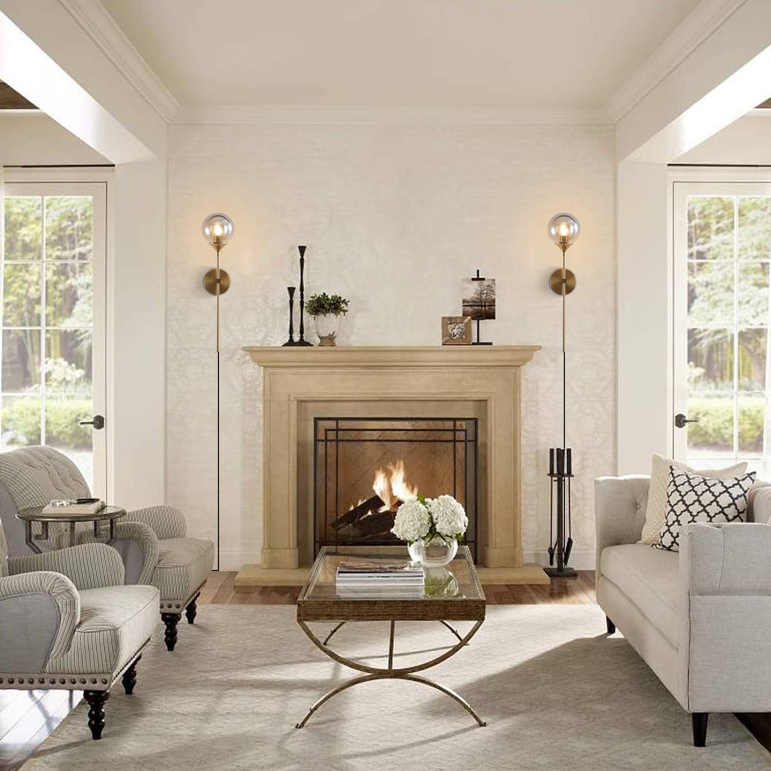 Modern Plug-in Wall Sconces Set of 2 - Smoke Gray Glass Globe Mid-Century Industrial Gold Wall Lights with On/Off Switch & Long Arm - Perfect for Bedroom, Stairway, Hallway & Living Room Lighting