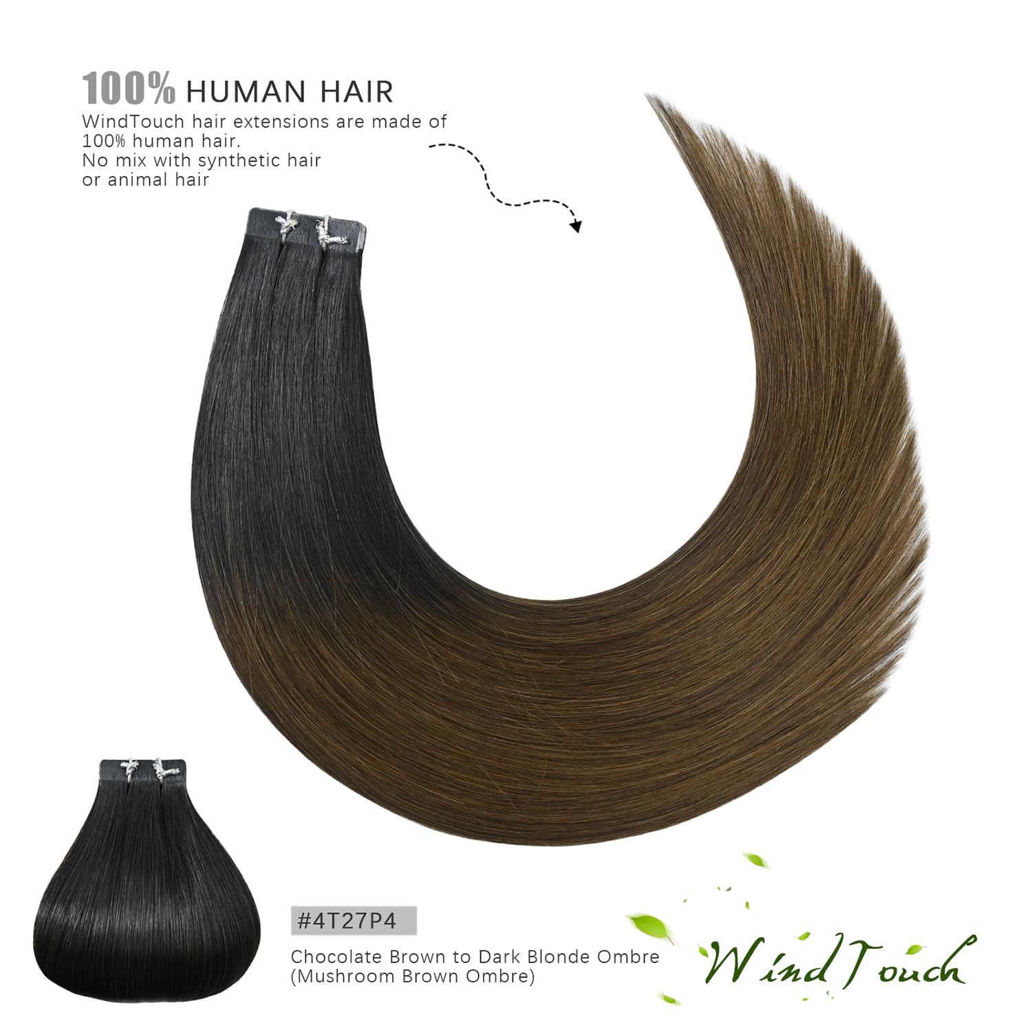 WindTouch Tape in Human Hair Extensions 16 Inch - Balayage Ombre Black to Chocolate Brown, 50g 20pcs, Remy Hair, Glue-Free, Thick Full Ends for Natural Look | Perfect for Daily Wear, Parties, Weddings & Special Occasions
