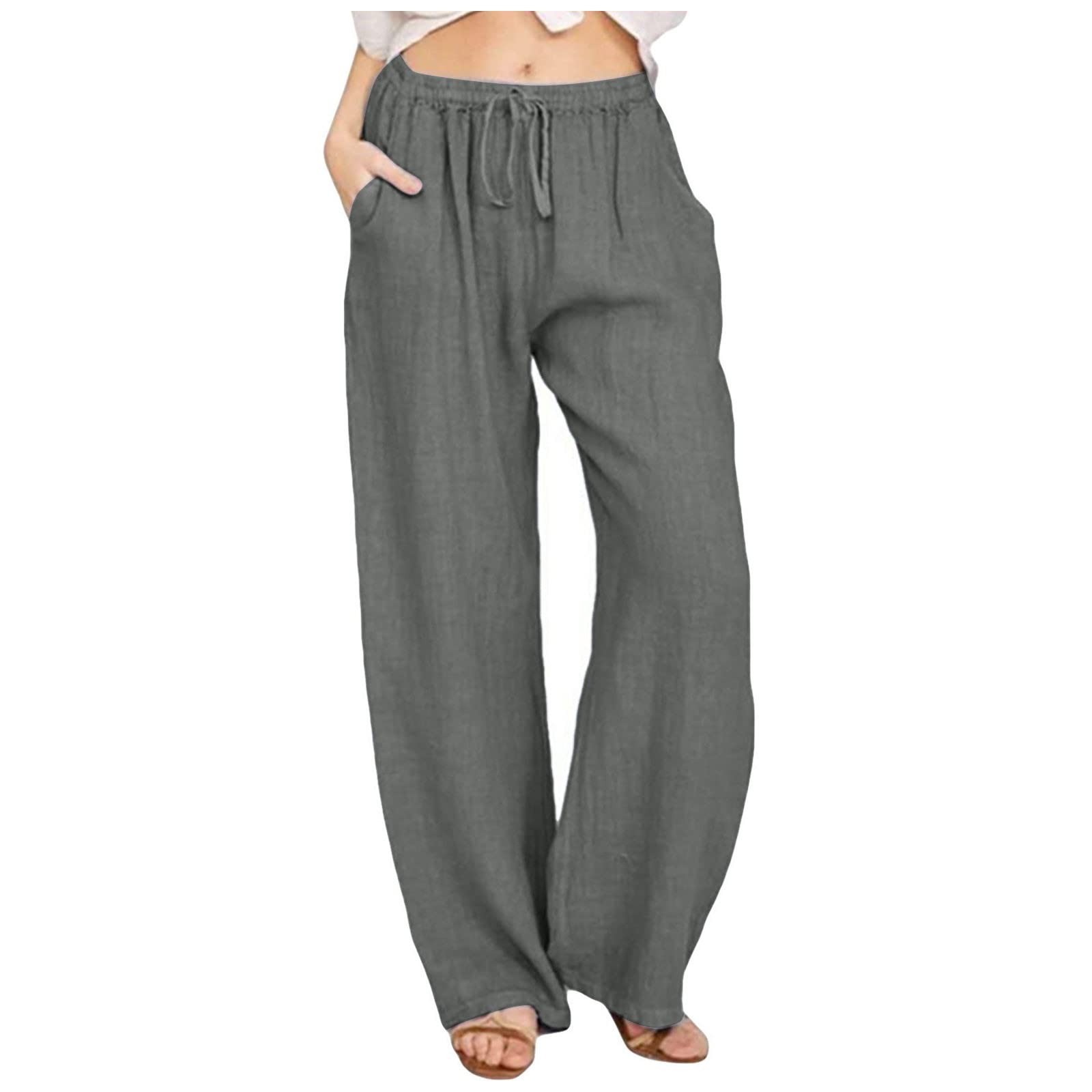 Breathable Women's Wide Leg Linen Pants with Pockets - Comfortable Summer Casual Trousers for Beach, Travel & Everyday Wear