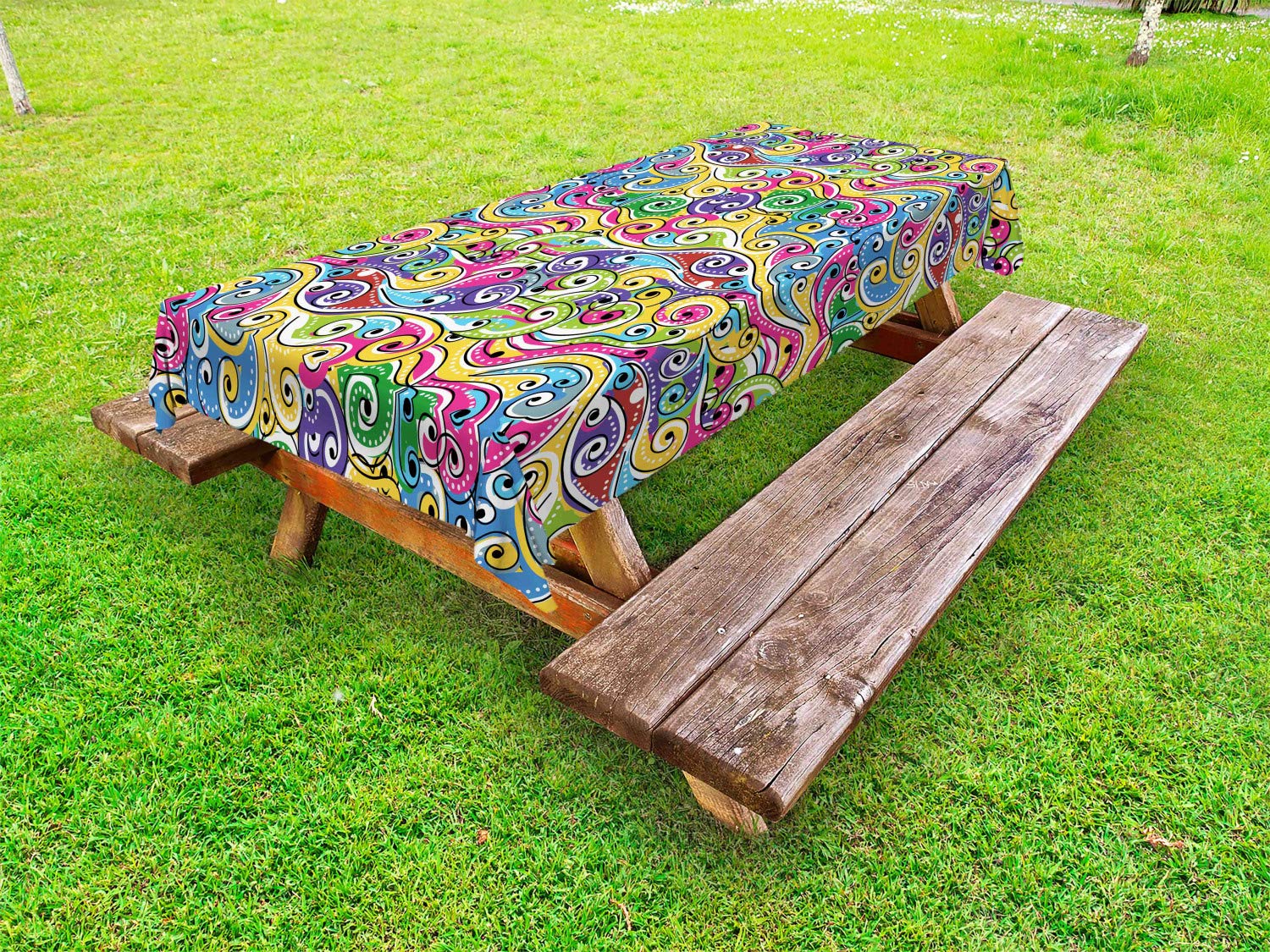 Ambesonne Wave Waterproof Outdoor Tablecloth - Vibrant Funky Curves & Spirals Doodle Design, Washable Picnic Table Cover 58x120 Inches - Perfect for Beach Parties, Backyard BBQs & Summer Picnics