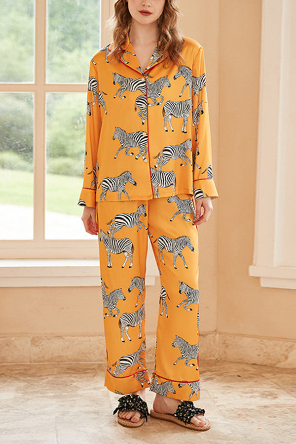 Yellow Zebra Print Long Sleeve Two-Piece Pajama Set - Cozy Loungewear for Women, Soft Sleepwear & Home Outfit for Relaxing Evenings