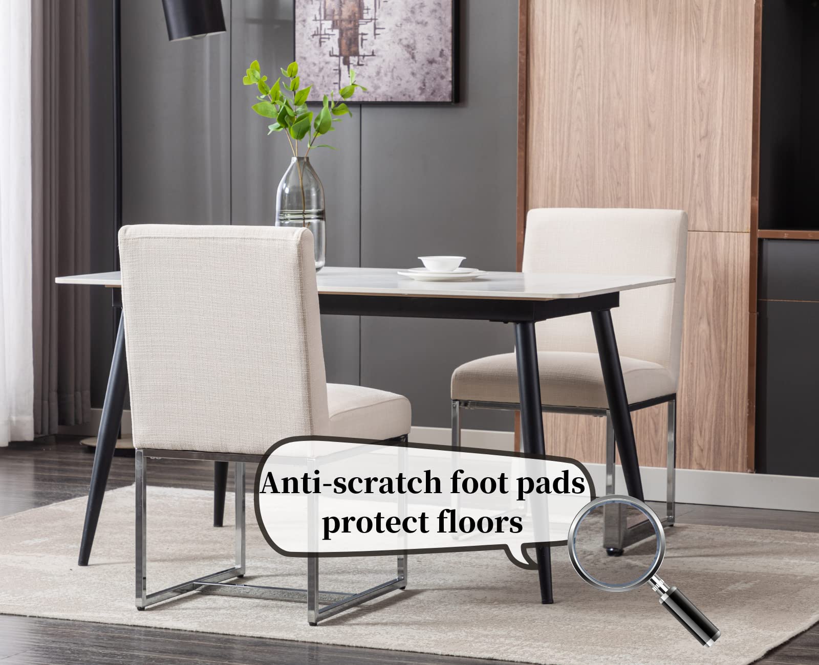 CIMOTA Modern Upholstered Dining Chairs Set of 2 - Armless Side Chairs with Chrome Metal Base for Kitchen, Dining Room & Guest Seating - Beige Fabric Chairs (2-Pack) - Perfect for Small Spaces & Entertaining